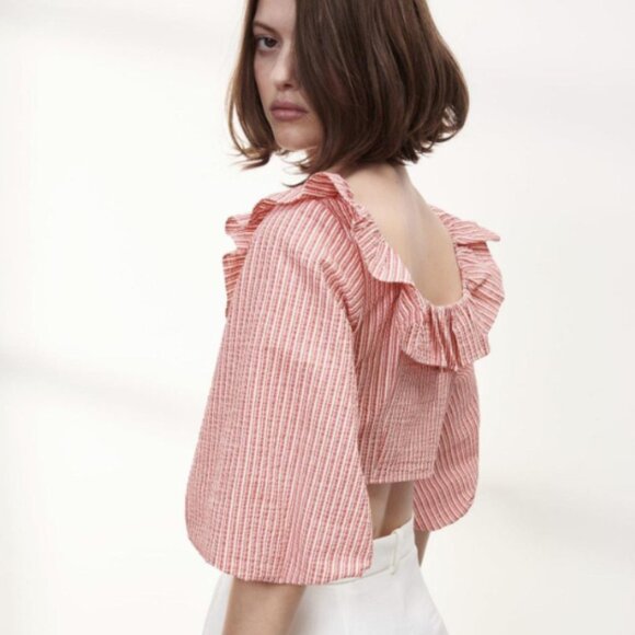 NEW Zara Cotton striped puff sleeve crop top in Red and White, Size L - Picture 4 of 15